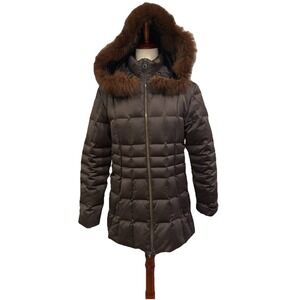 Searle Goose Down Puffer Coat Brown Women's 8 Fur‎ Trim Hood Winter